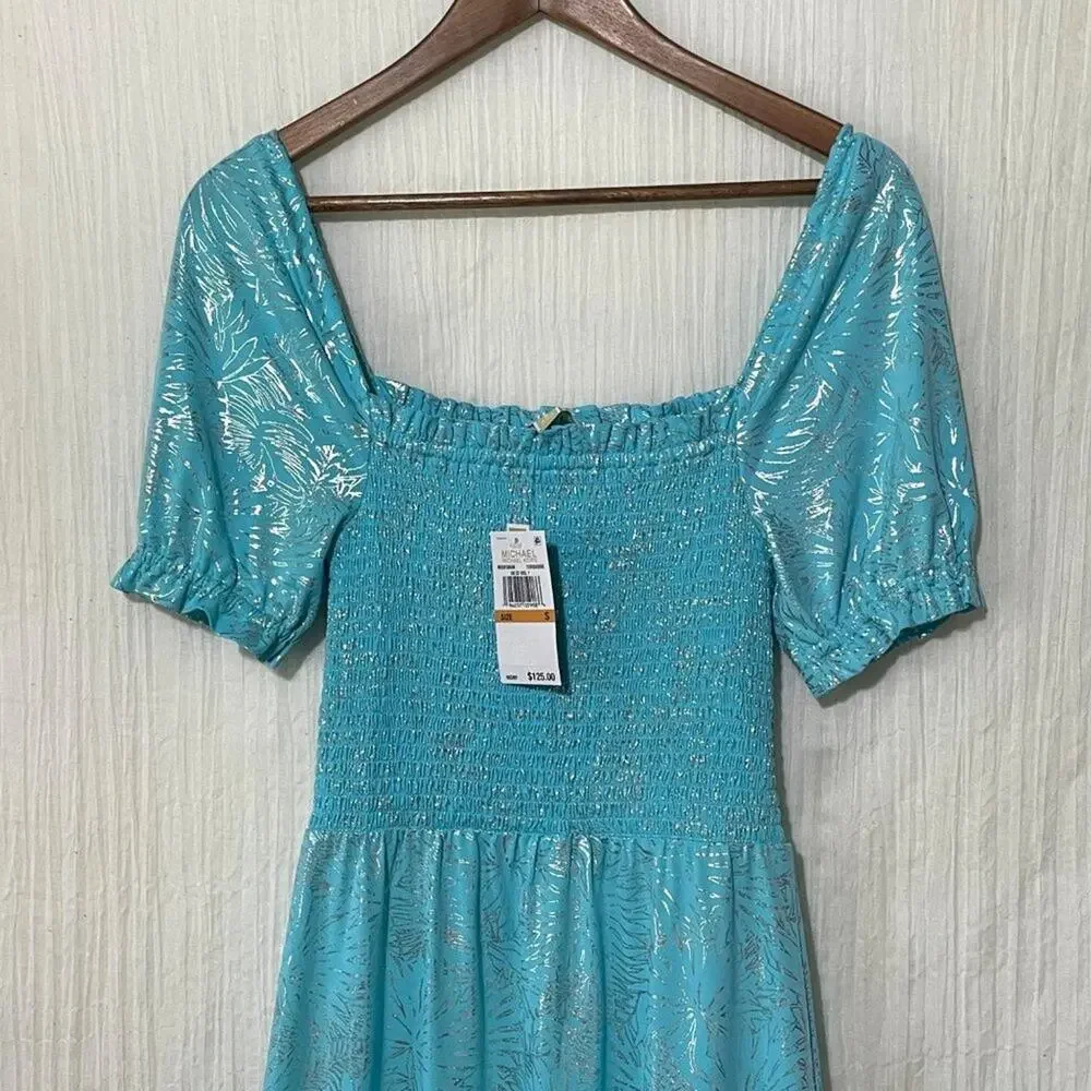 Michael Kors Smocked Dress Small Turquoise Metallic Foil Puff Sleeve NWT